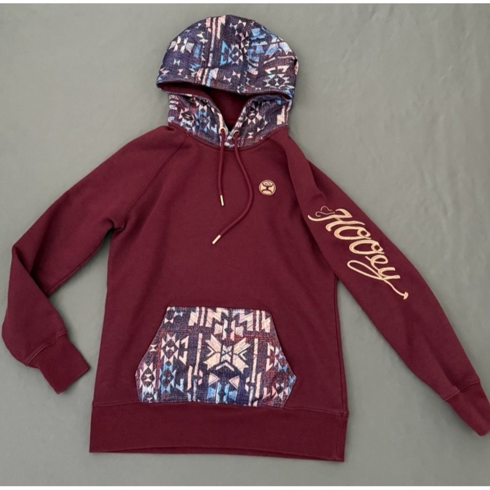 Hooey Veracruz Hoodie‎ Women's Size Small Maroon Aztec Western Pocket Sweater